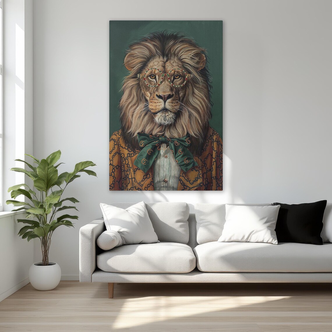 Lion Wearing Round Glasses and Bow Tie Fashionable Animal Poster