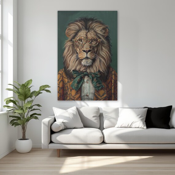 Stylish Lion In Glasses Framed Canvas Print Fashionable Wild Animal Art Decor Anthropomorphic Portrait Ready To Hang