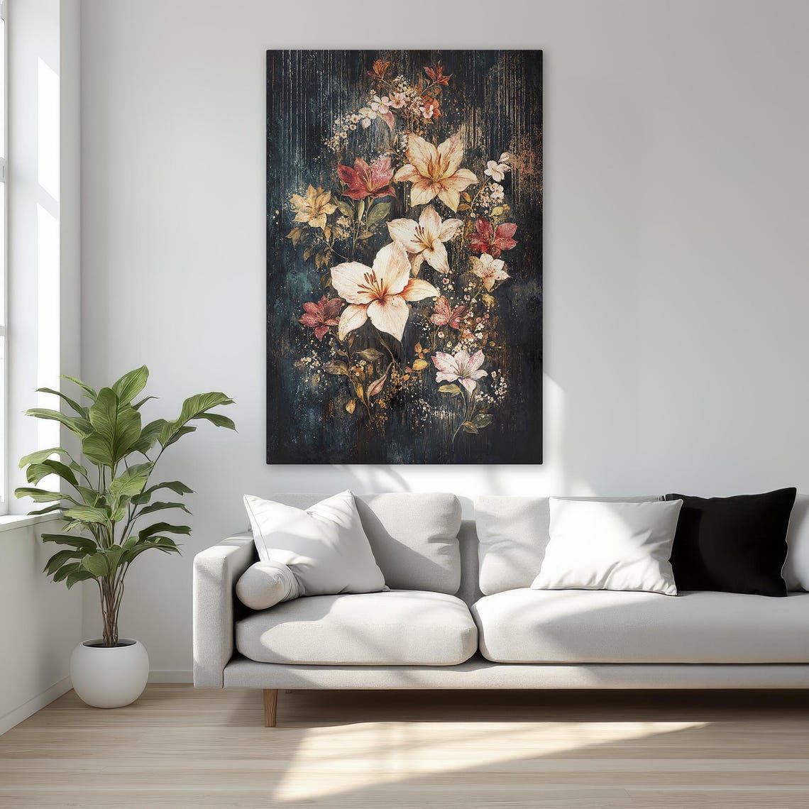 White Lilies Dark Floral Painting Moody Botanical Canvas Wall Art