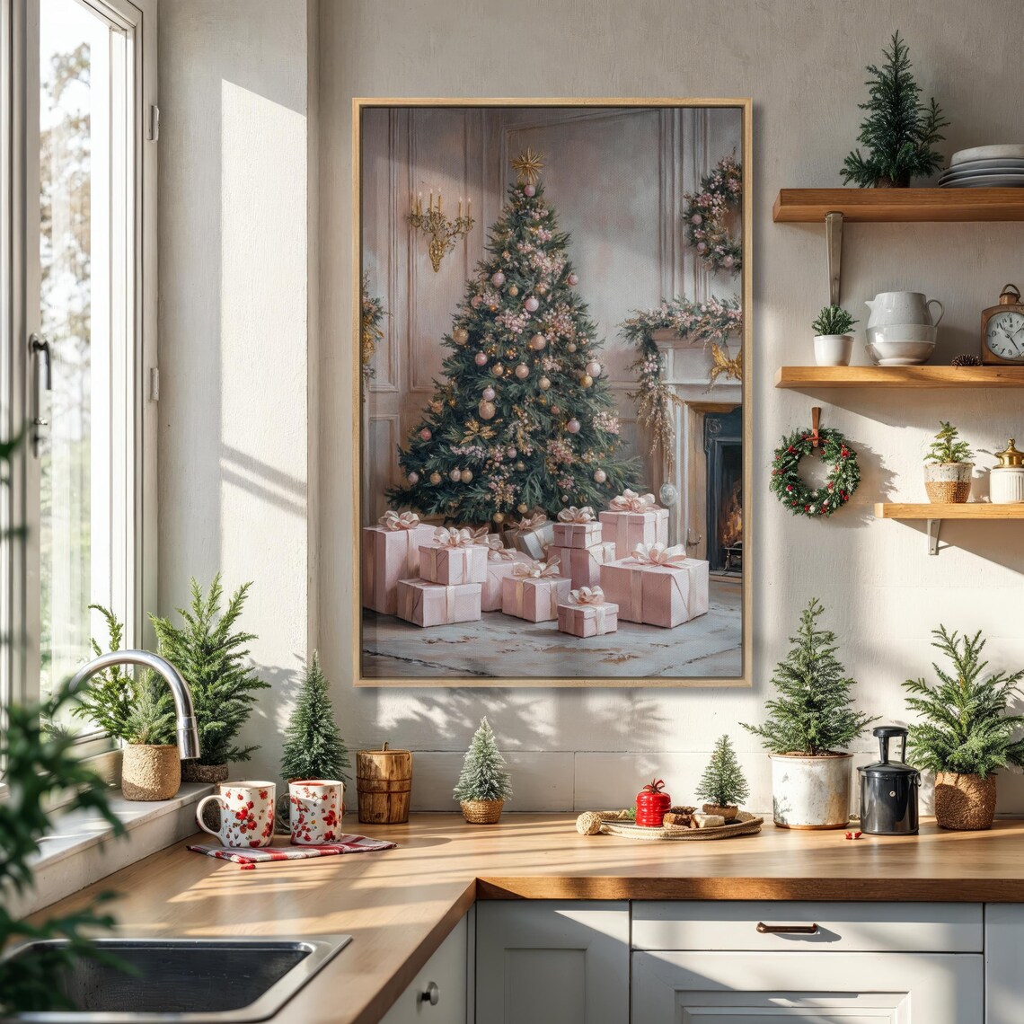 Pink And Gold Christmas Tree With Gifts Fireplace Scene Poster