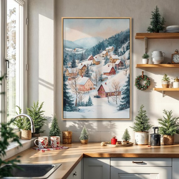 Snowy Village At Dusk Watercolor Winter Landscape Christmas Poster