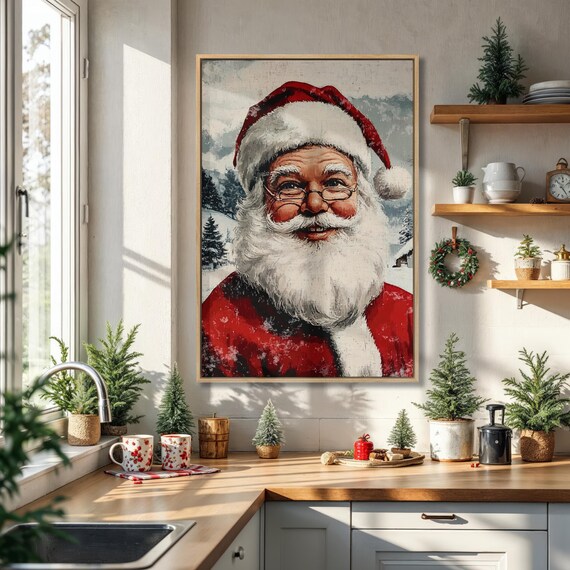 Vintage Santa Claus Portrait Christmas Holiday Decor Painting Poster