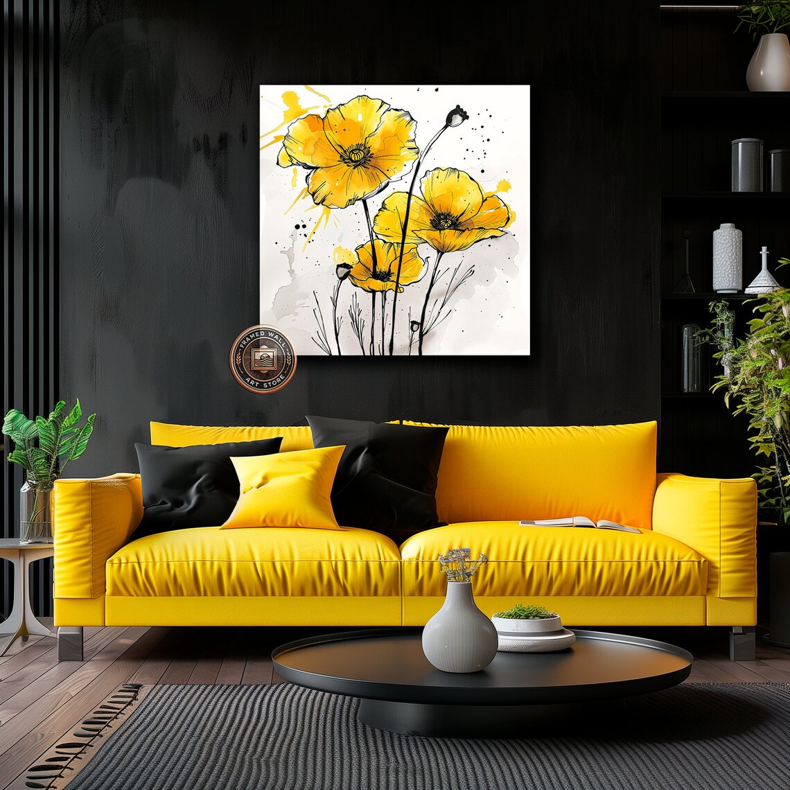 Vibrant Yellow Poppy Flowers Ink Watercolor Floral Still Life Poster - Image 5