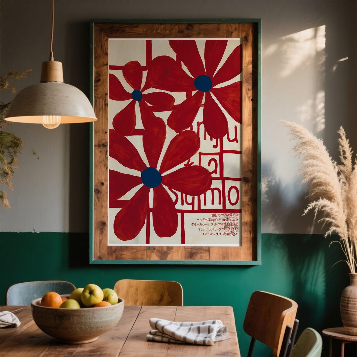 Red Abstract Flowers Blue Centers Cream Grid Japanese Style Art Poster