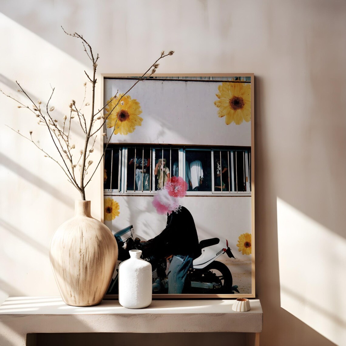 Surreal Motorcycle Rider Pink Flower Head Street Photo Art Poster