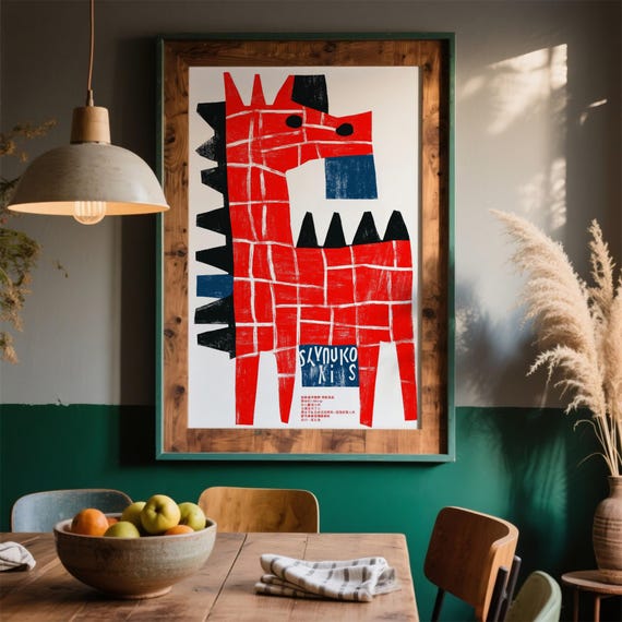 Abstract Red Zebra Linocut Print Modern Geometric Animal Art Kids Room Nursery Decor Vibrant Playful Wall Poster Gift