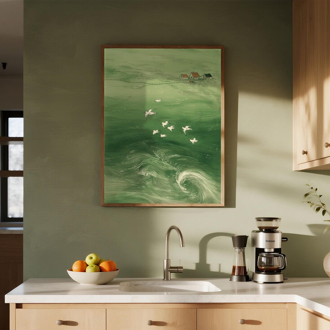 Dreamy Green Ocean Waves White Birds Seaside Landscape Poster