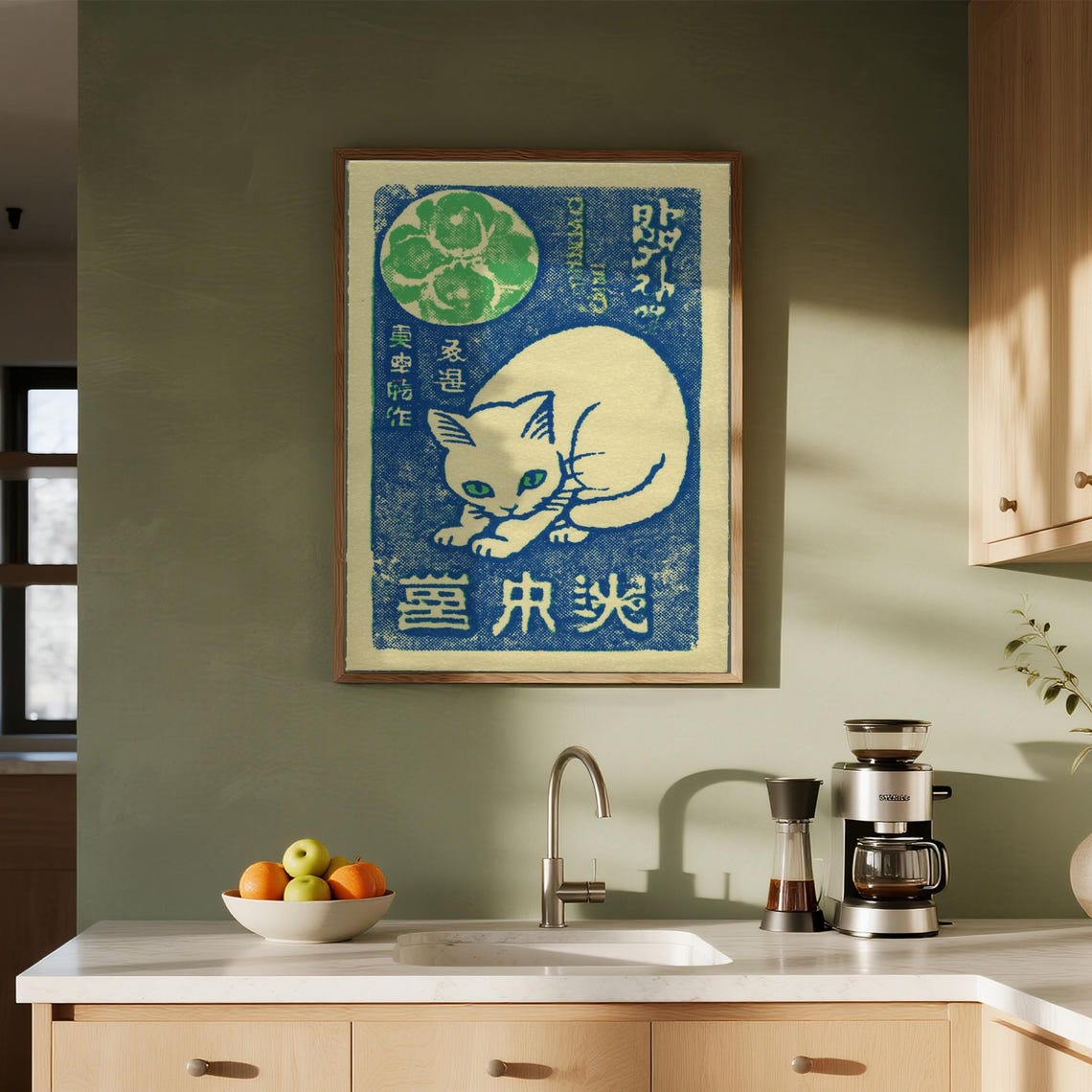 Vintage Japanese White Cat Blue Retro Label Advertising Charm Poster