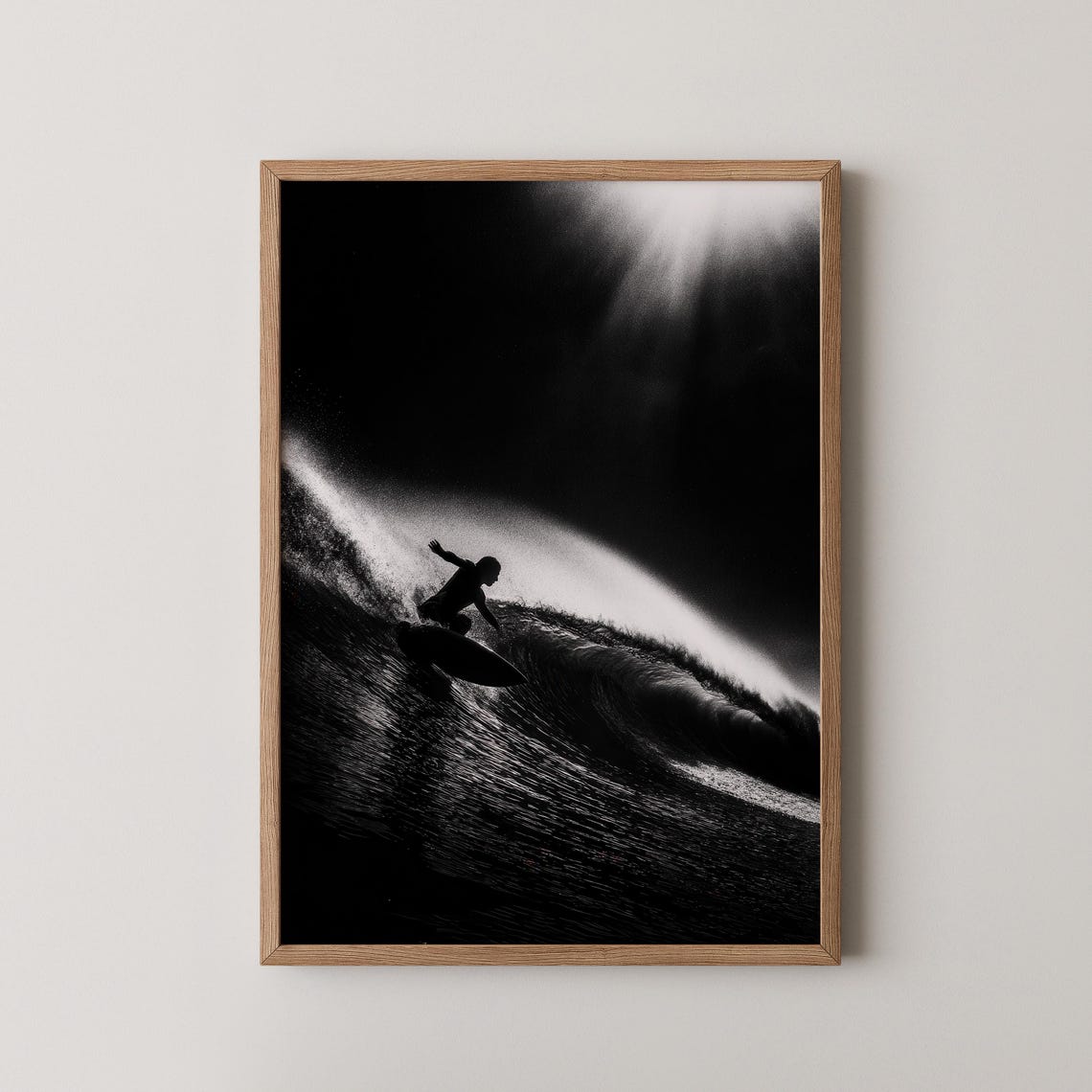 Surfer Silhouette Riding a Giant Wave Black and White Poster