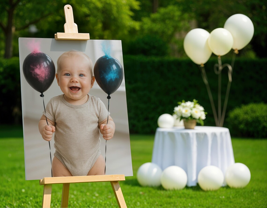 Gender Reveal Keepsake Baby Photo Poster Pink Blue Balloons Garden Party Decor