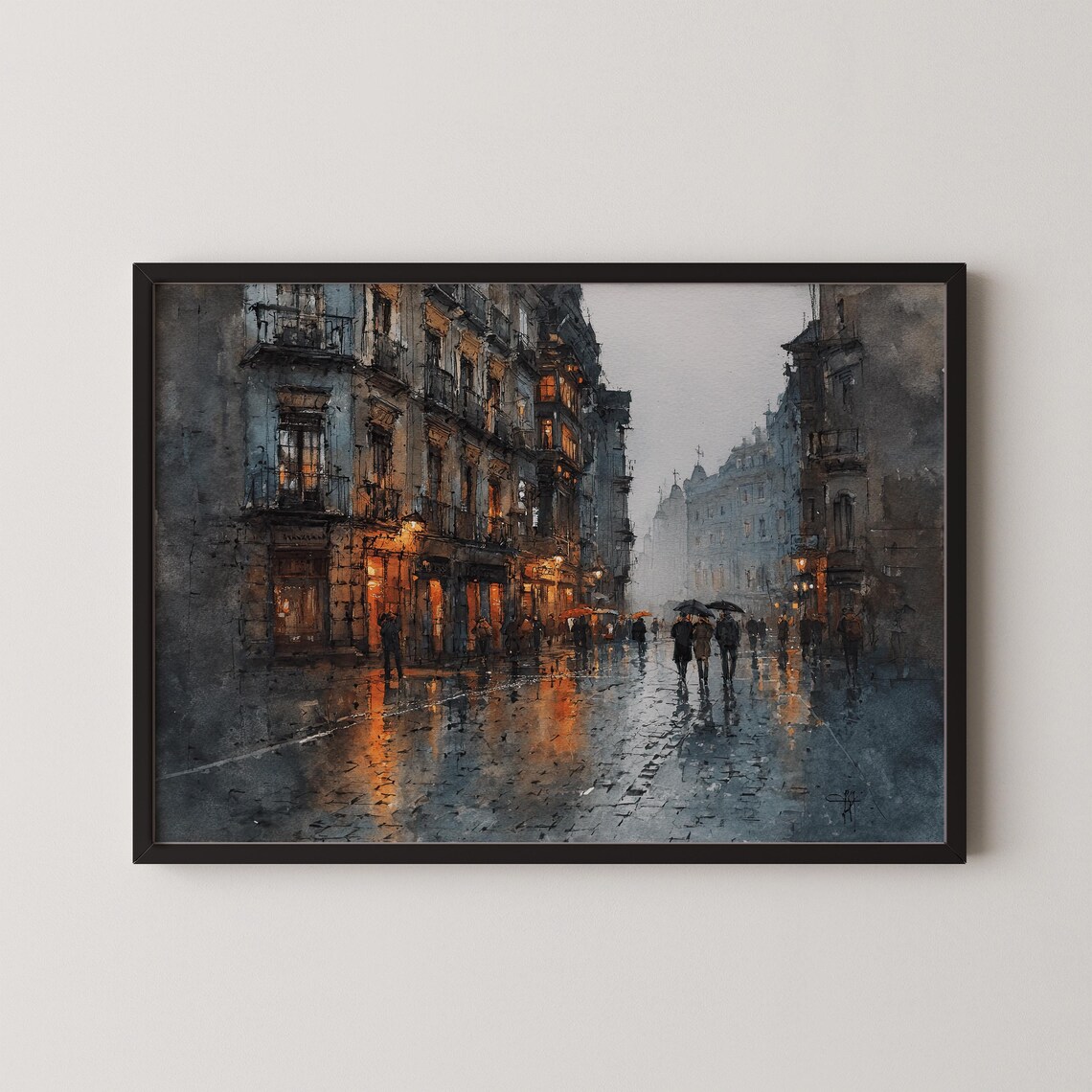 Rainy European Street Watercolor Evening Lights Wet Cobblestone Poster