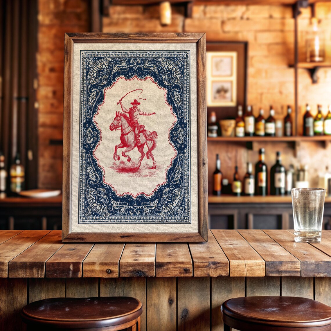 Cowboy With Lasso On Horse Red Illustration Blue Bandana Border Poster