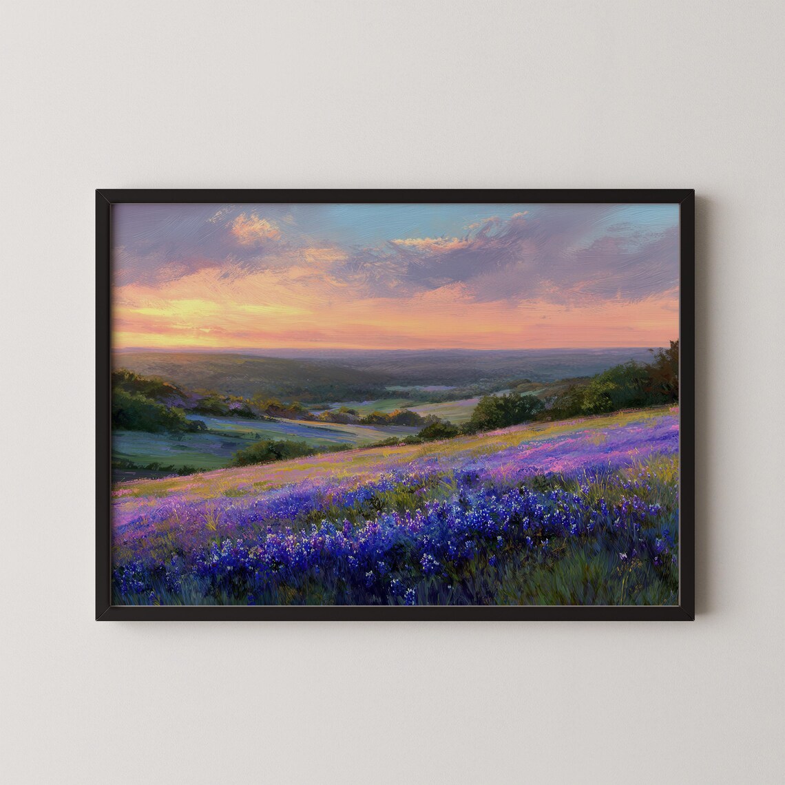 Texas Bluebonnet Sunset Hill Country Wildflower Landscape Art Poster