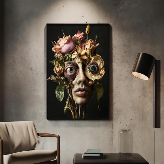 Dark Academia Floral Face Print Gothic Surreal Botanical Art A024x36