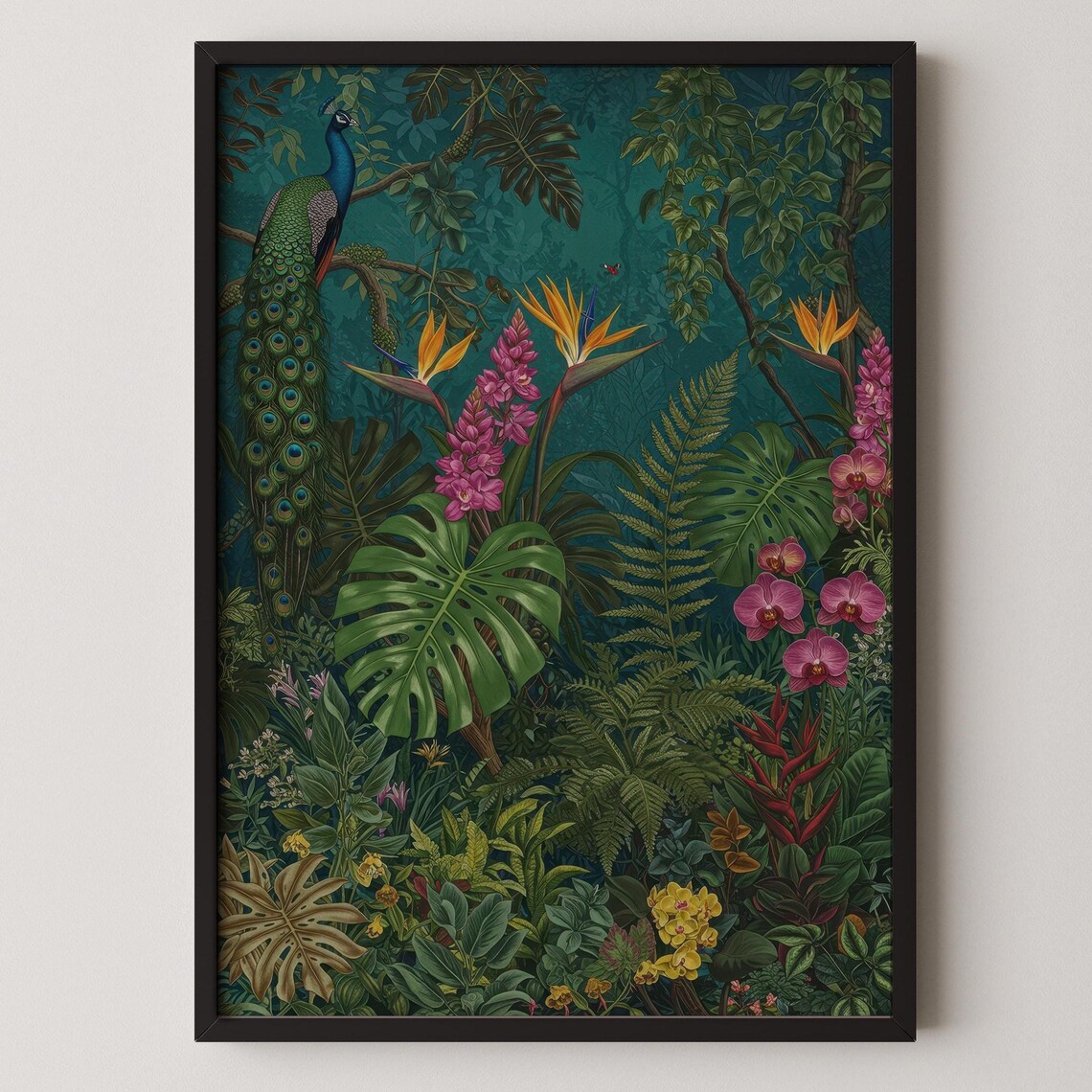 Maximalist Jungle Wall Art Emerald Botanical Print Luxurious Floral Decor Oversized Tropical Plant Poster Eclectic Home Statement Piece
