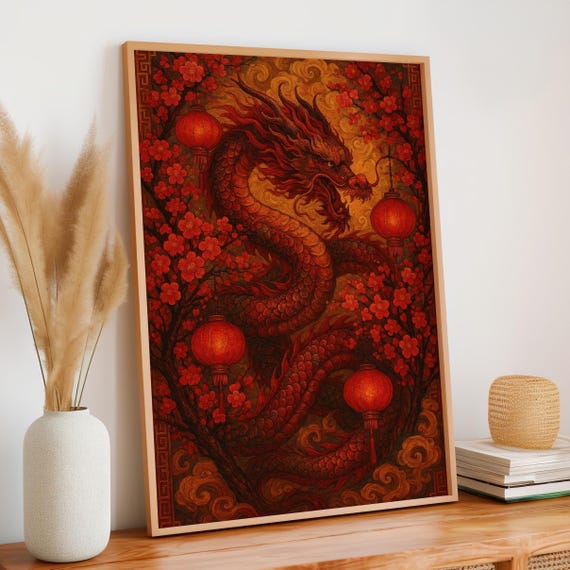 Chinese Dragon Among Cherry Blossoms and Red Lanterns Art Poster
