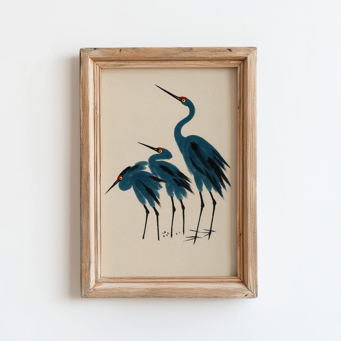 Three Blue Cranes Japanese Ink Wash Vintage Neutral Bird Wall Art