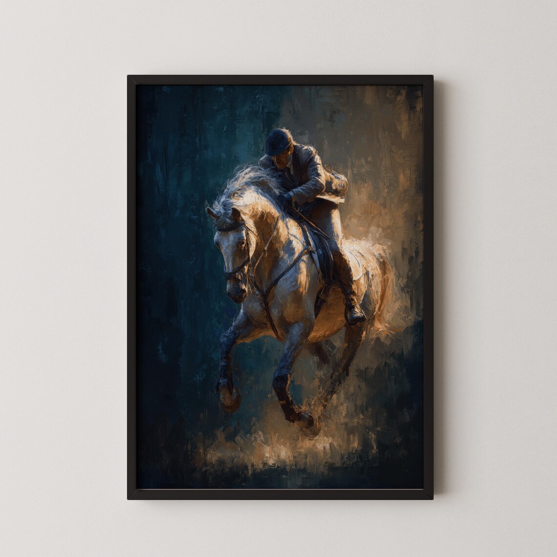 White Horse And Rider Dynamic Oil Painting Equestrian Art Poster