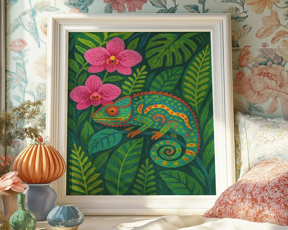 Chameleon Jungle Art Print Colorful Tropical Lizard