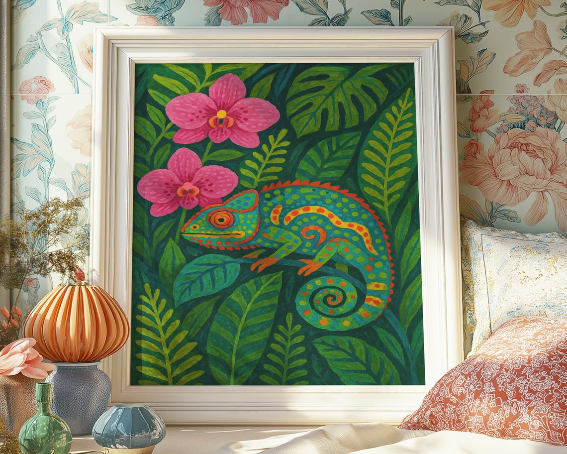Colorful Chameleon Among Pink Orchids Tropical Jungle Poster