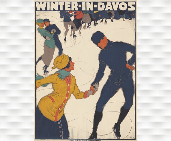 Winter In Davos Swiss Ice Skating Vintage Travel Poster Couples