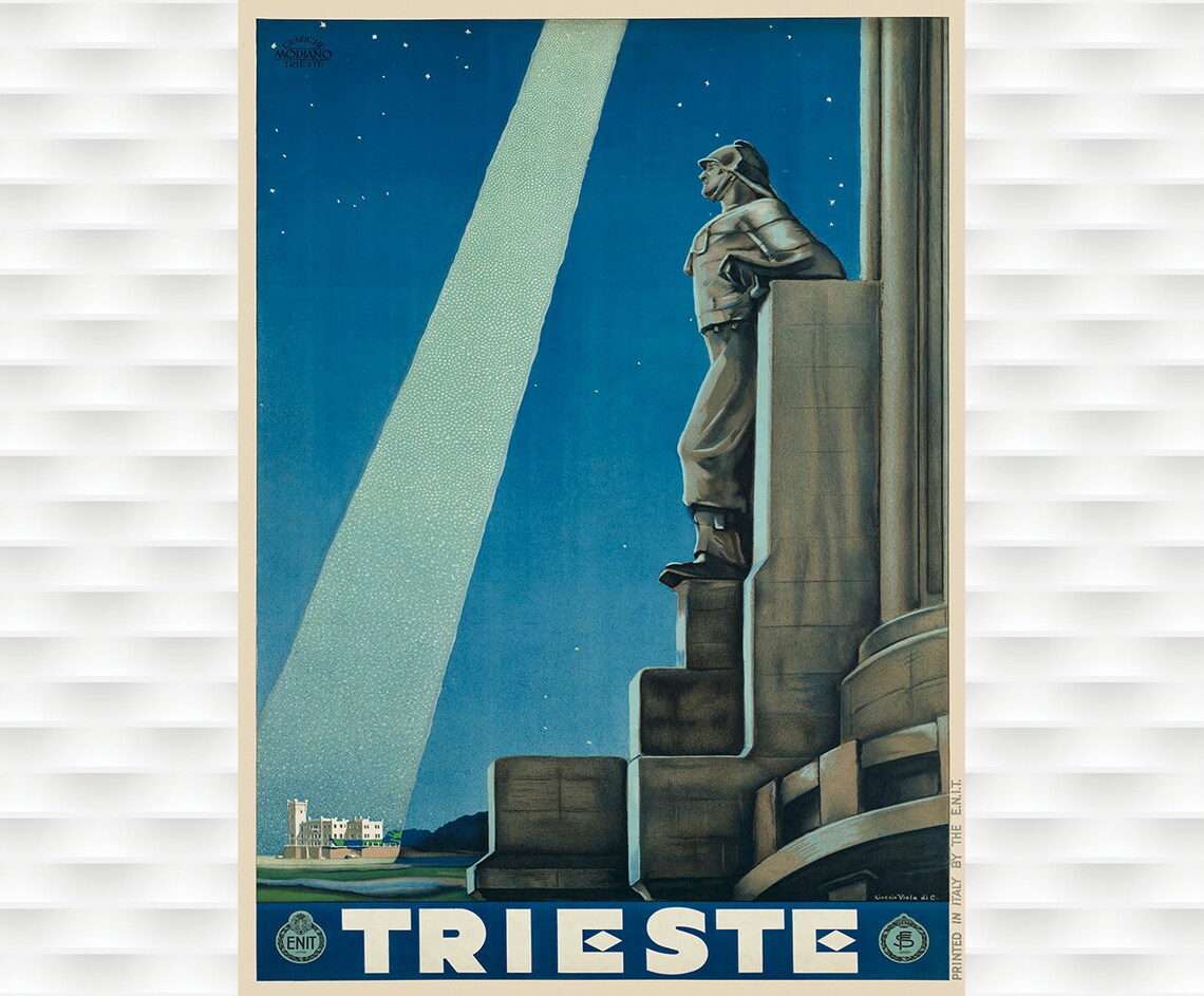 Trieste Italy Night Lighthouse Statue Vintage ENIT Travel Poster