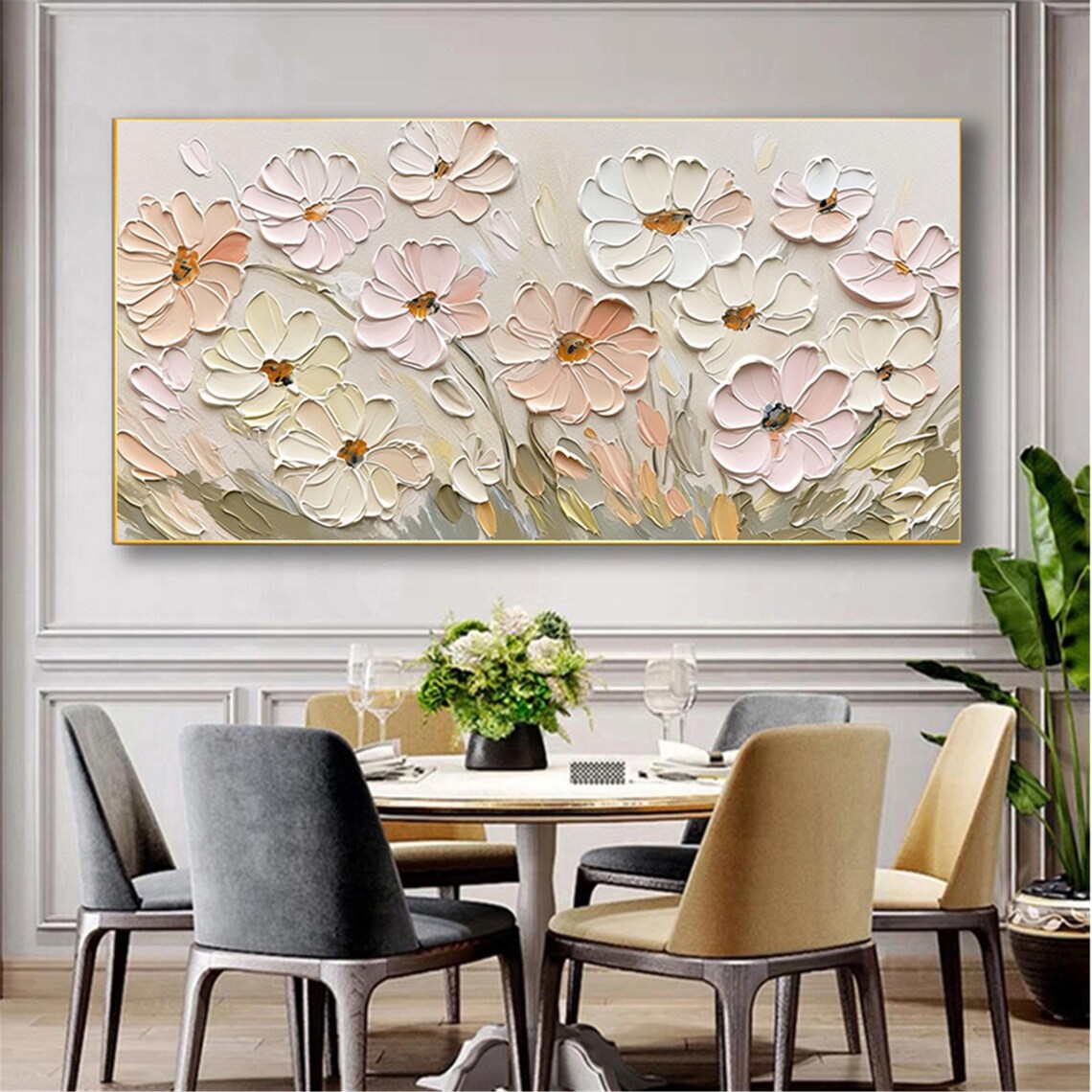 White Pink Cosmos Neutral Gray 3D Textured Floral Painting Poster - Image 3