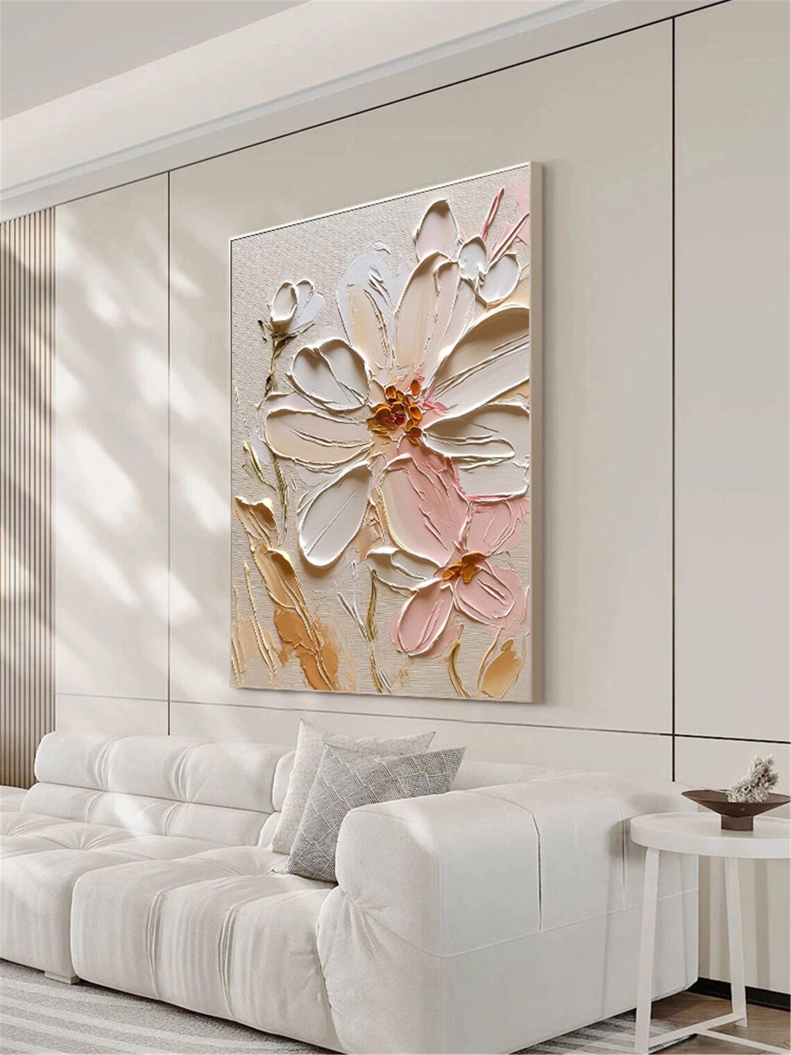 Large White Bloom Small Pink Flower 3D Textured Floral Painting Poster - Image 2