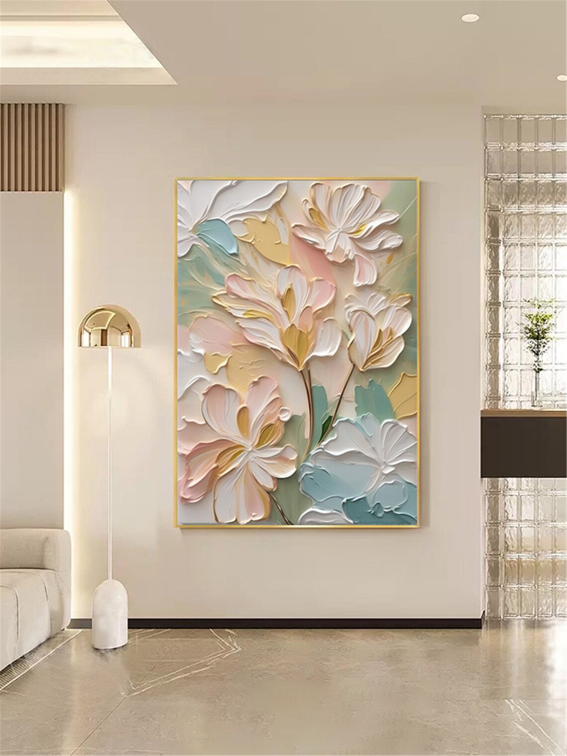 Cream Gold Lily Blossoms Sage Green Elegant Large Floral Wall Art - Image 4