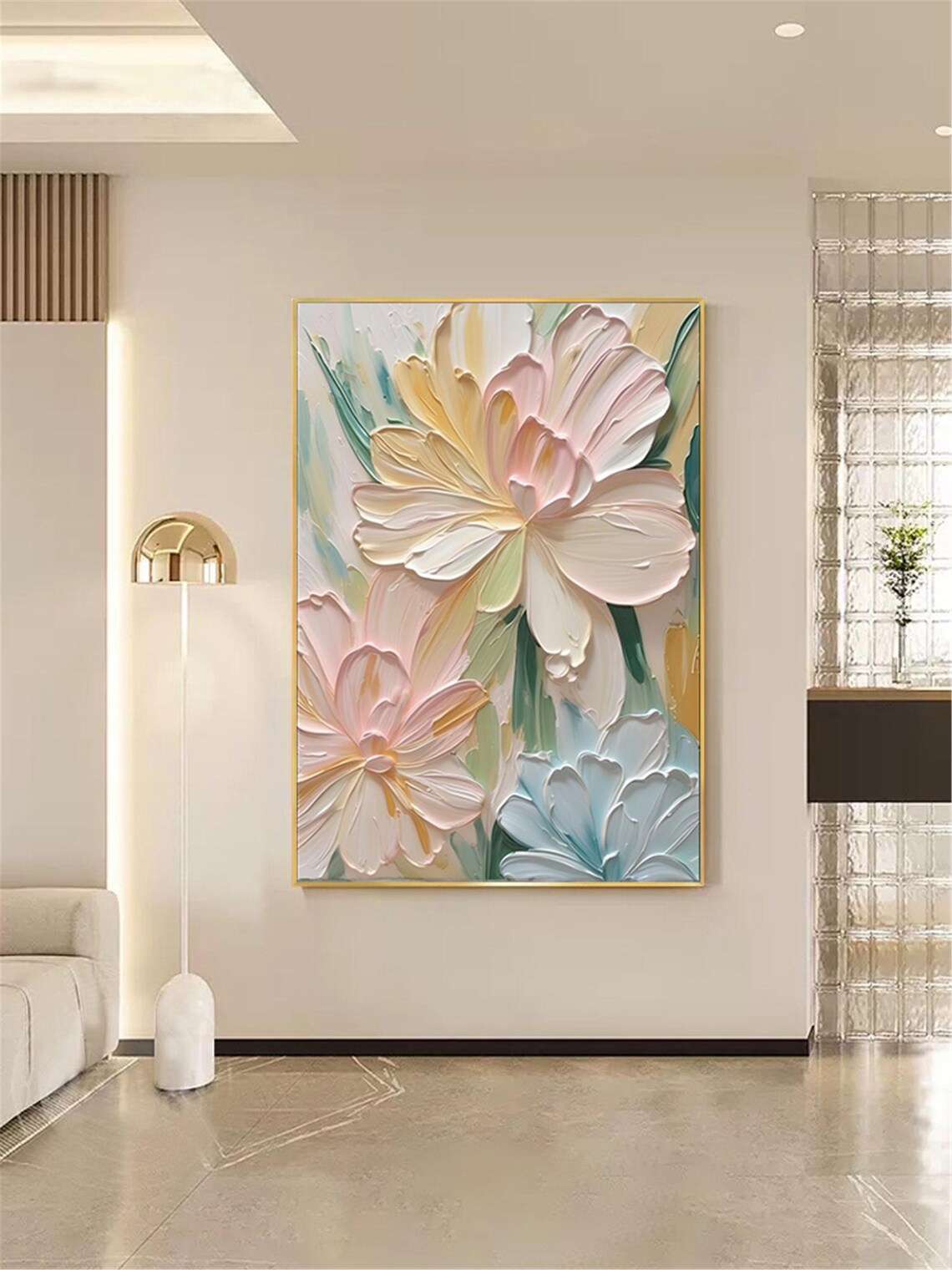 Pastel Pink Cream Blossom Textured Painting Gold Framed Wall Art - Image 3