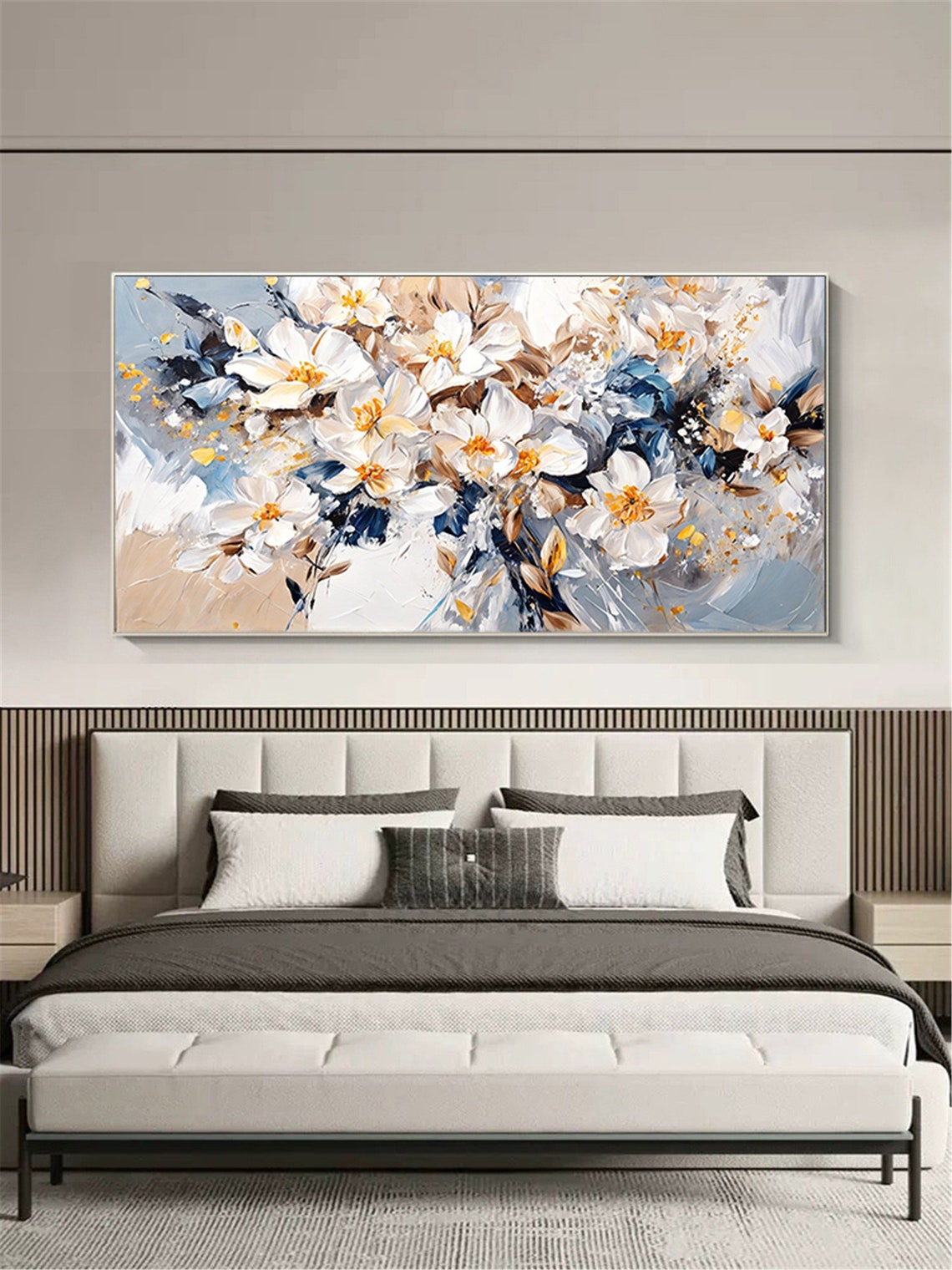 Cream White Wildflowers Blue Gold Accents Panoramic Floral Wall Art - Image 5