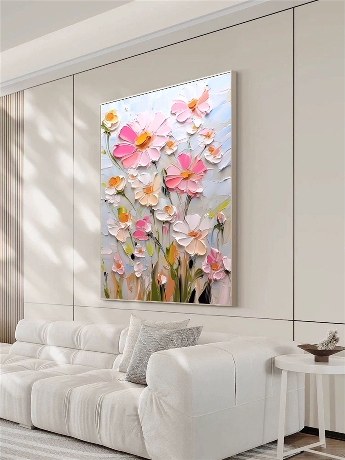 White Pink Daisy Meadow Pale Blue Vertical Textured Floral Wall Art - Image 2