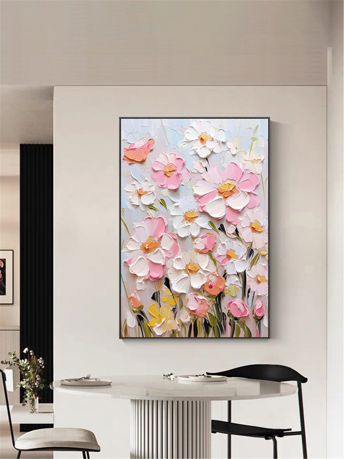 Pink Coral White Impasto Garden Flowers Spring Bouquet Wall Art - Image 4