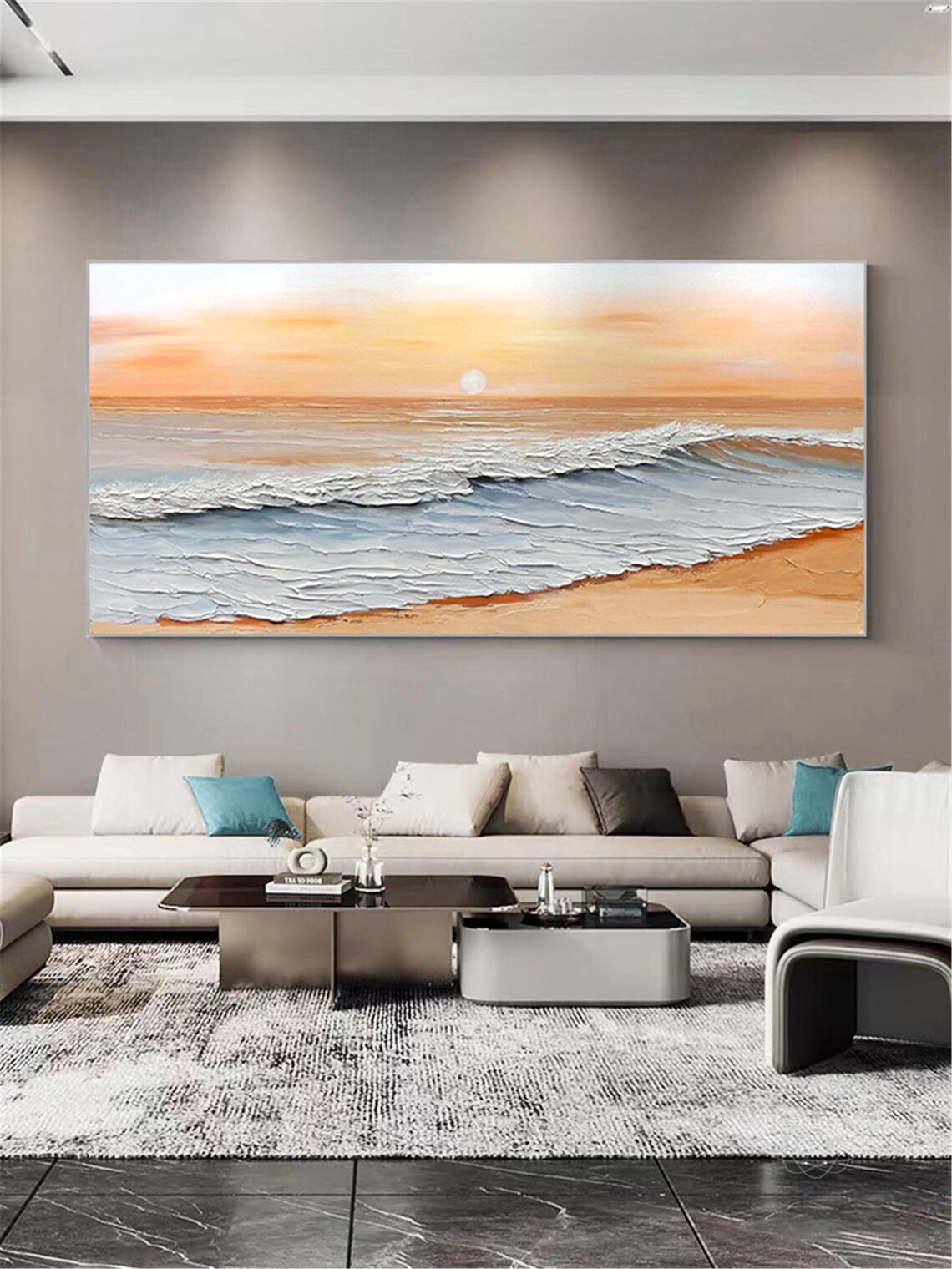 Golden Sunset Ocean Waves Beach Painting Framed Living Room Wall Art - Image 3