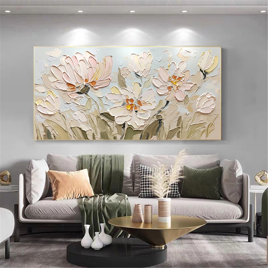 Pink Cream Bloom Sage Green 3D Textured Floral Painting Poster - Image 5