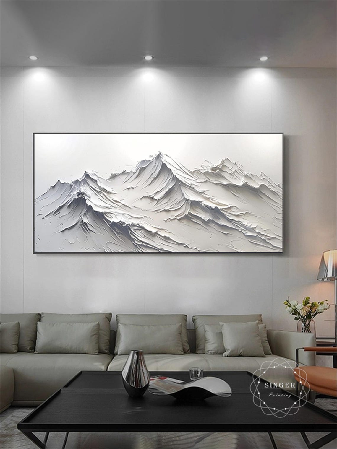 White Alpine Peaks 3D Textured Impasto Panoramic Mountain Poster - Image 2