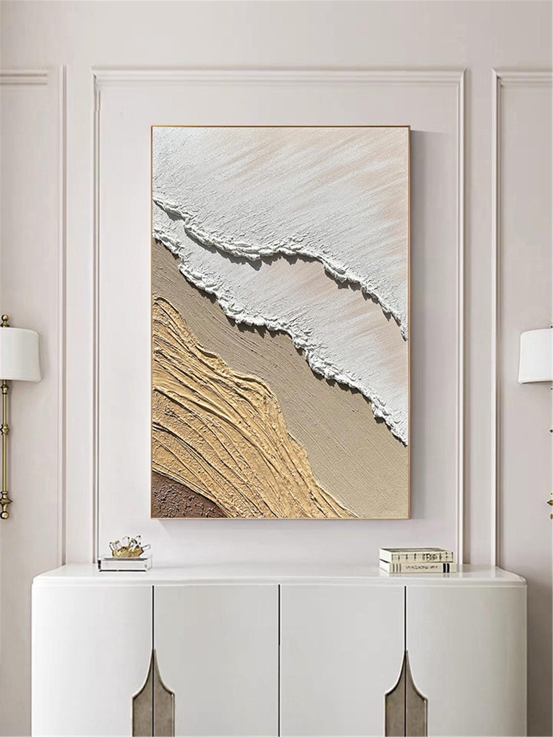 Beige White Textured Rock Waves Neutral Abstract Framed Wall Art - Image 3