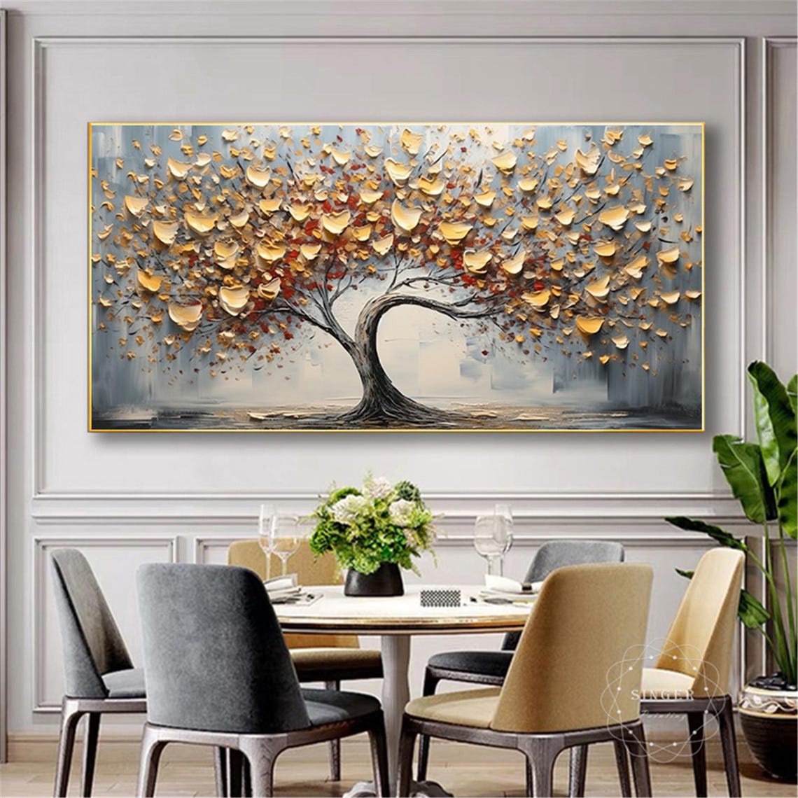 Golden Tree Autumn Red Leaves 3D Textured Abstract Painting Poster - Image 4