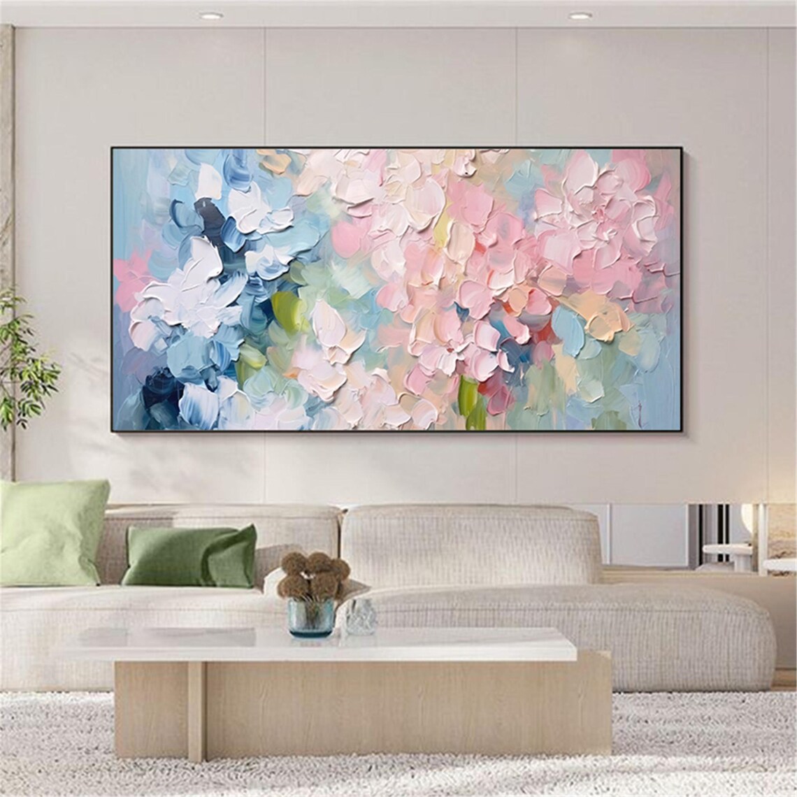 Blue Pink Pastel 3D Textured Abstract Floral Bloom Painting Poster - Image 4