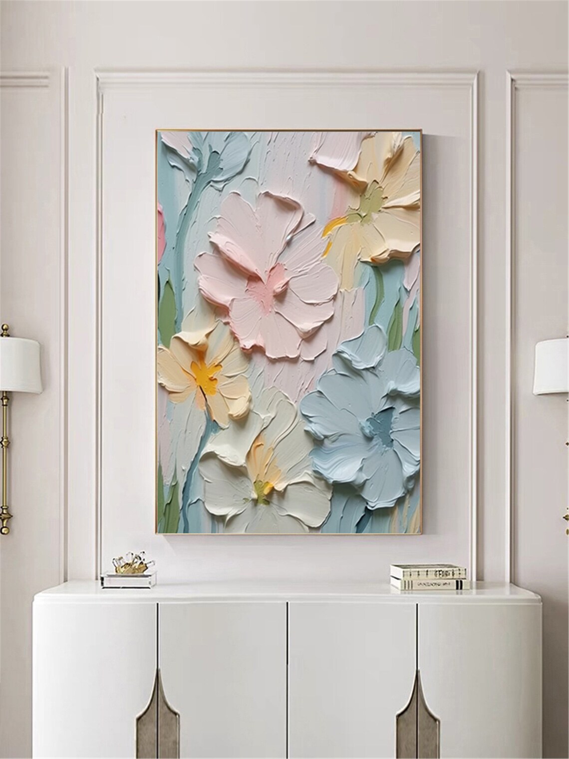 Pastel Pink Cream Blue Blooms Teal Background Floral Wall Art - Image 3