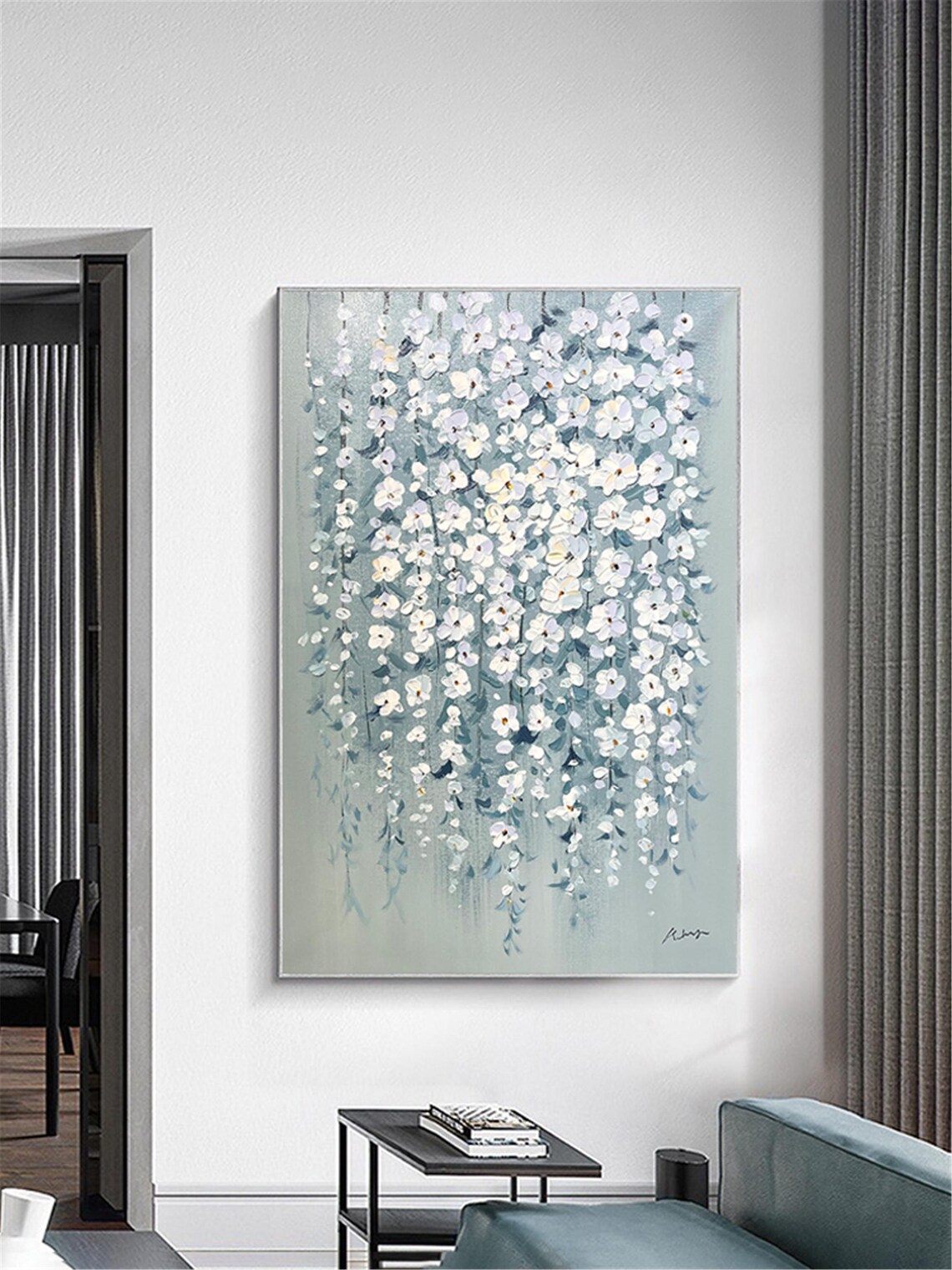 Abstract Flower Acrylic Wall Art Print, Blue Beige - Image 3