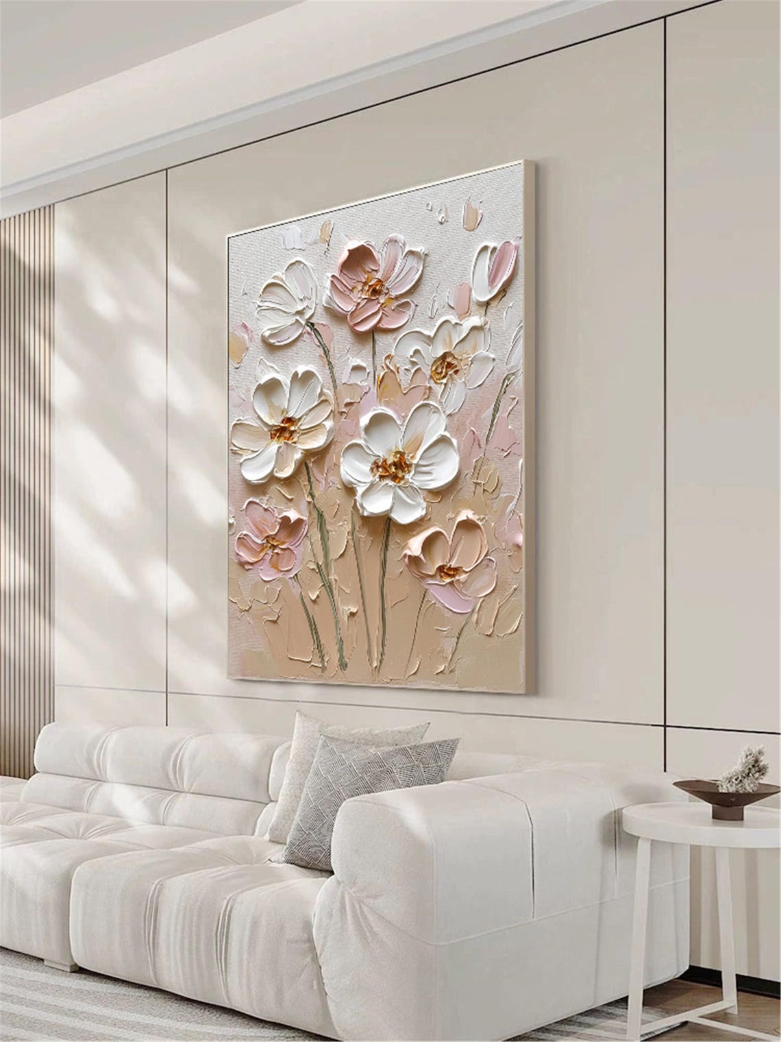White Pink Bloom Neutral Beige 3D Textured Floral Painting Poster - Image 2