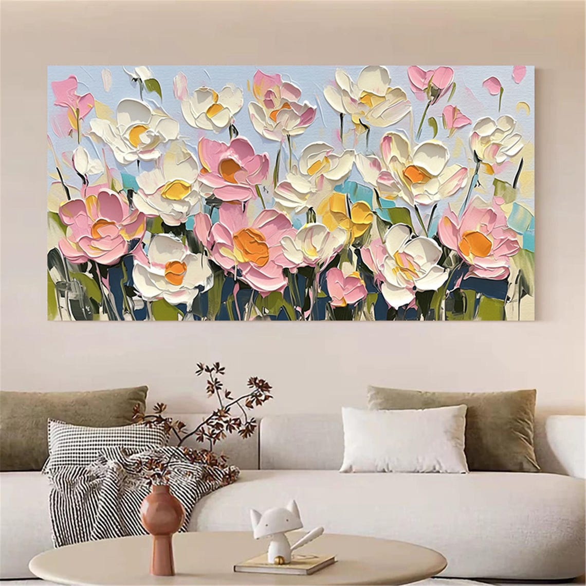 Pink White Flower Teal Navy 3D Textured Floral Painting Poster - Image 4