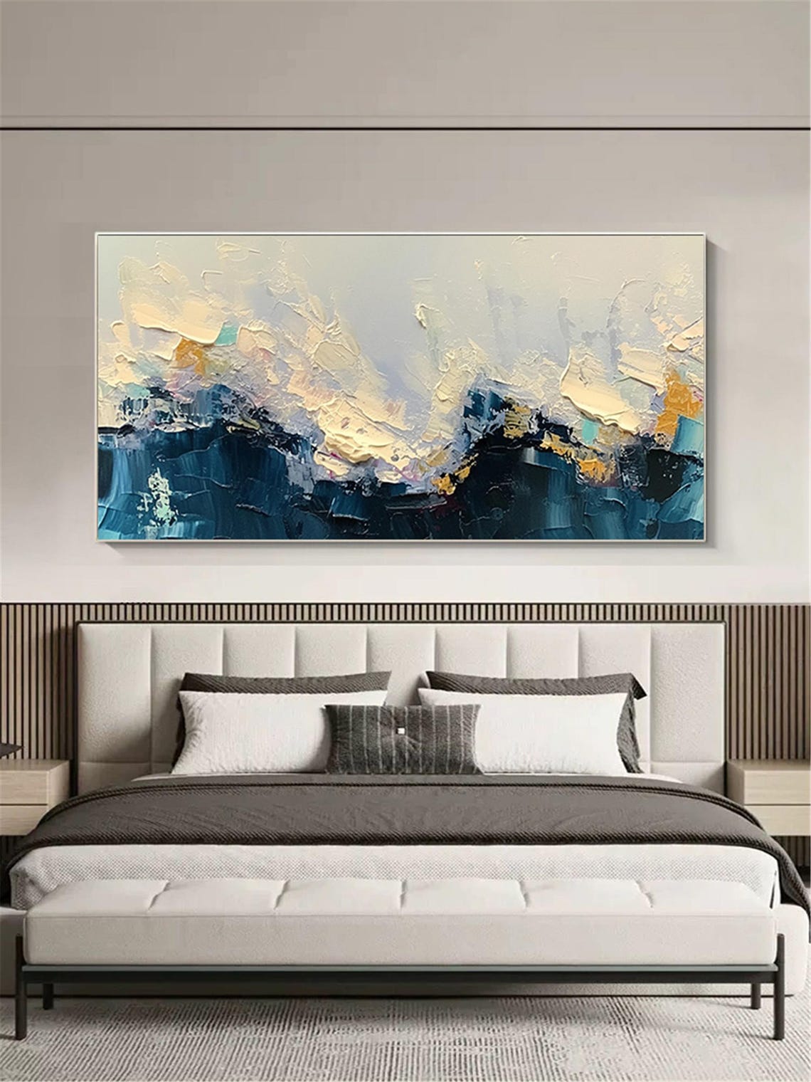 Navy Ocean Waves White Foam 3D Textured Painting Panoramic Wall Art - Image 3