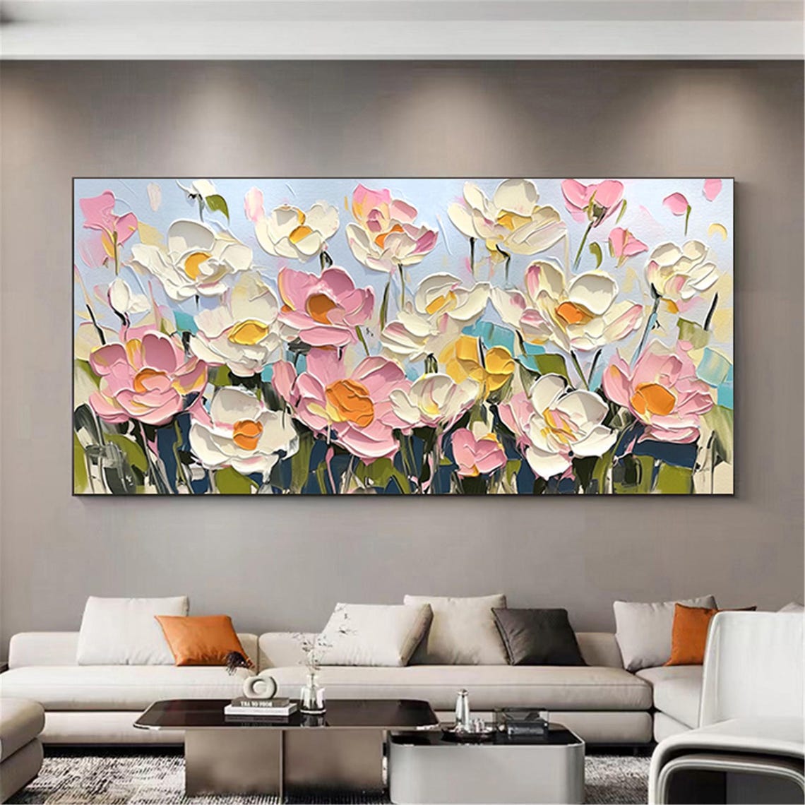 Pink White Flower Teal Navy 3D Textured Floral Painting Poster - Image 3