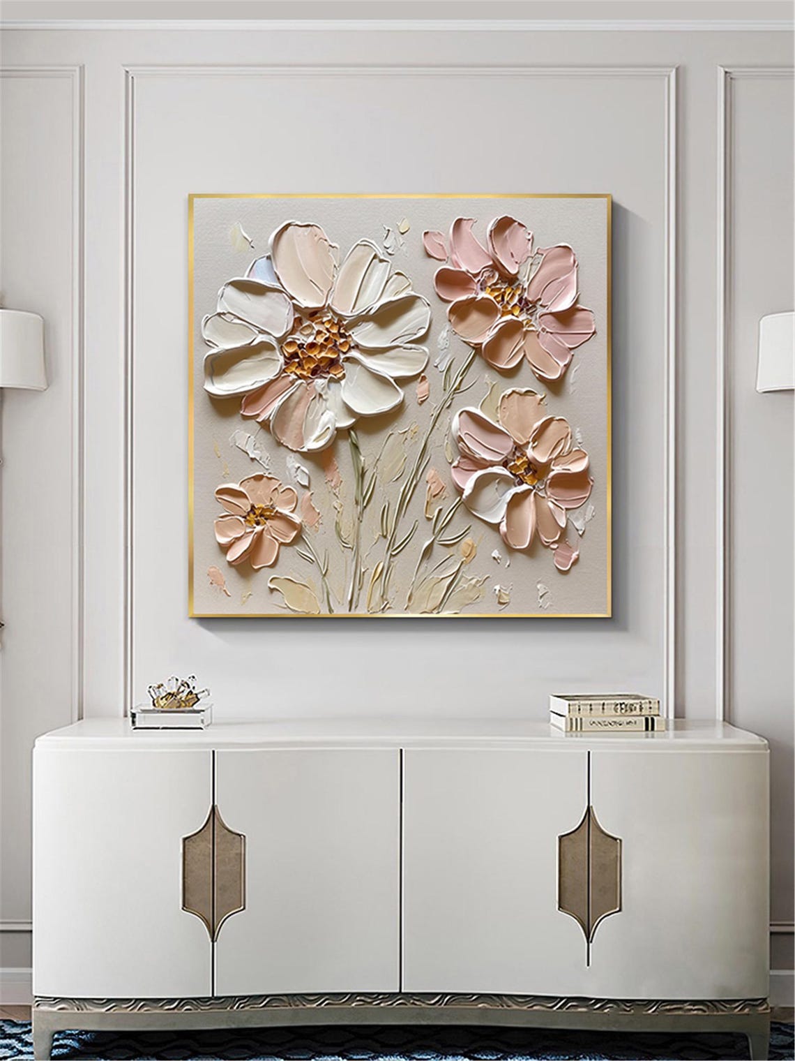 Cream Pink Cosmos Flowers Gold Center Textured Square Wall Art - Image 4
