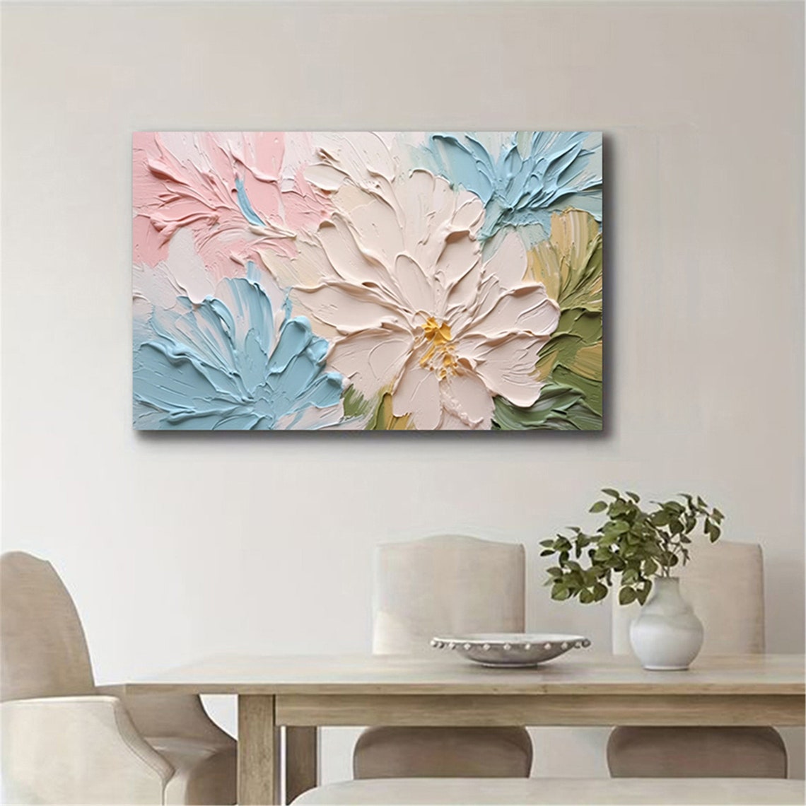 Pink Blue Floral Bloom 3D Textured Impasto Painting Panoramic Wall Art - Image 3