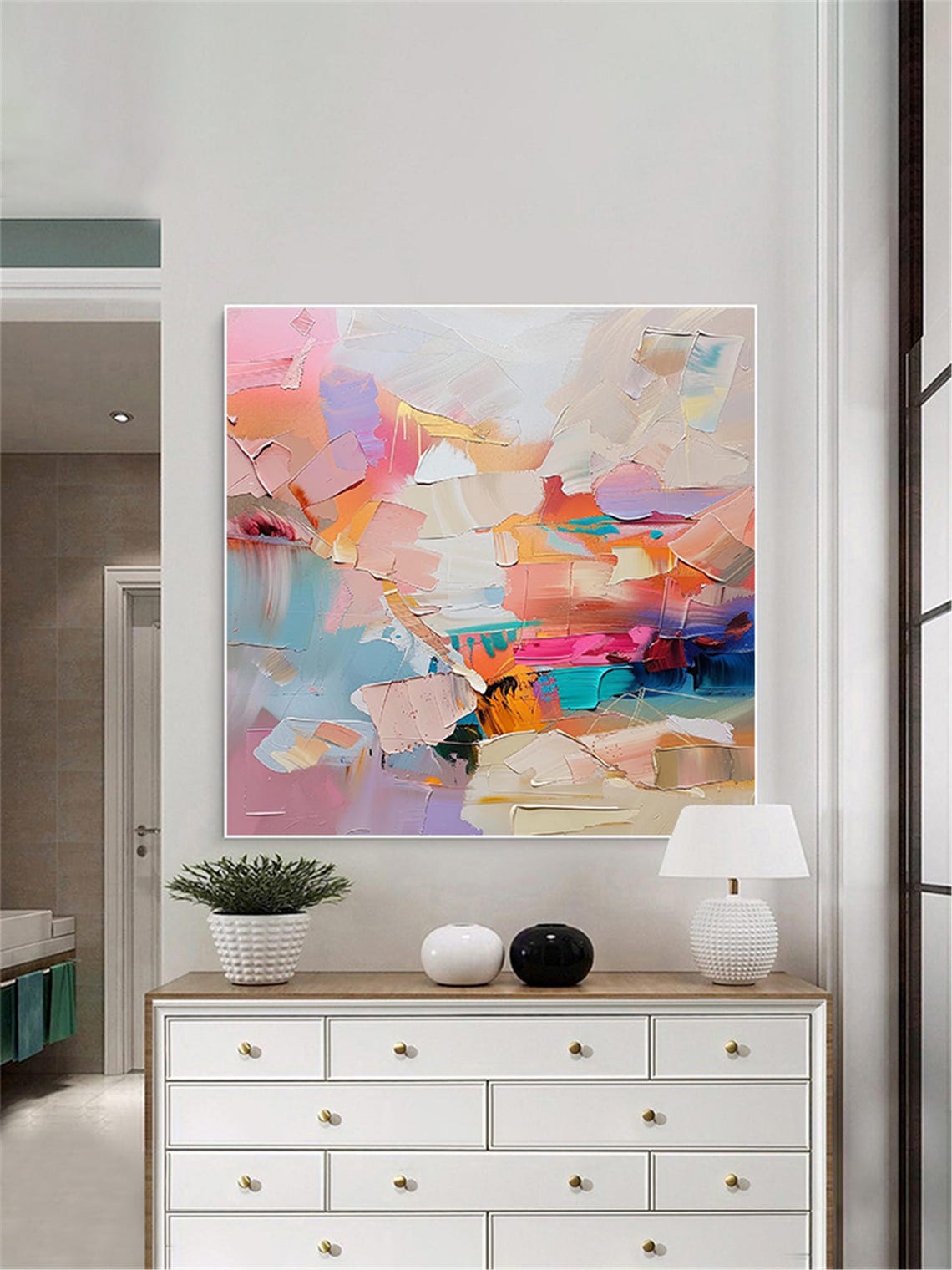 Vibrant Pink Orange Teal Abstract Painting Modern Statement Wall Art - Image 4