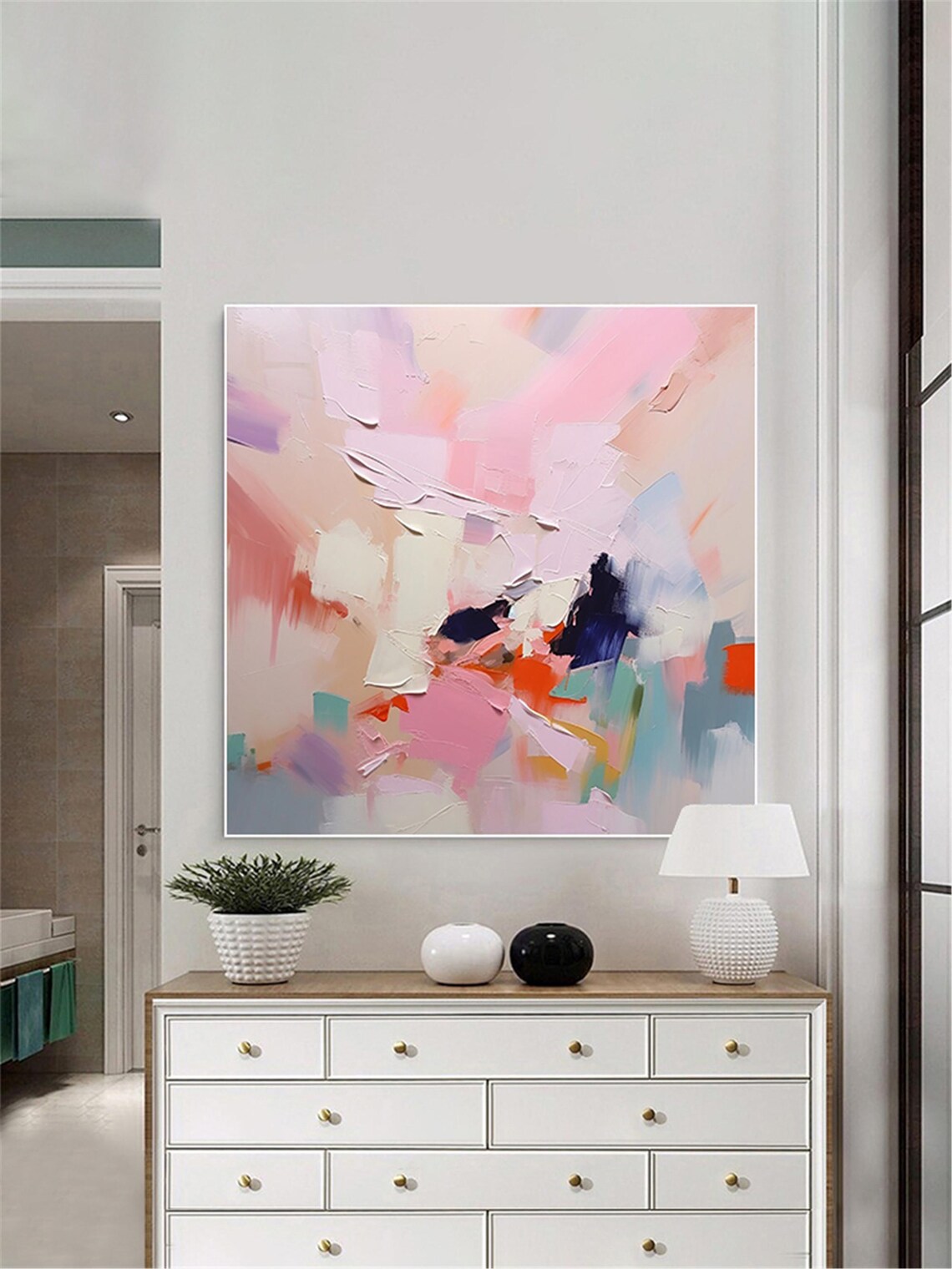 Soft Pink White Peach Abstract Painting Modern Living Room Wall Art - Image 4