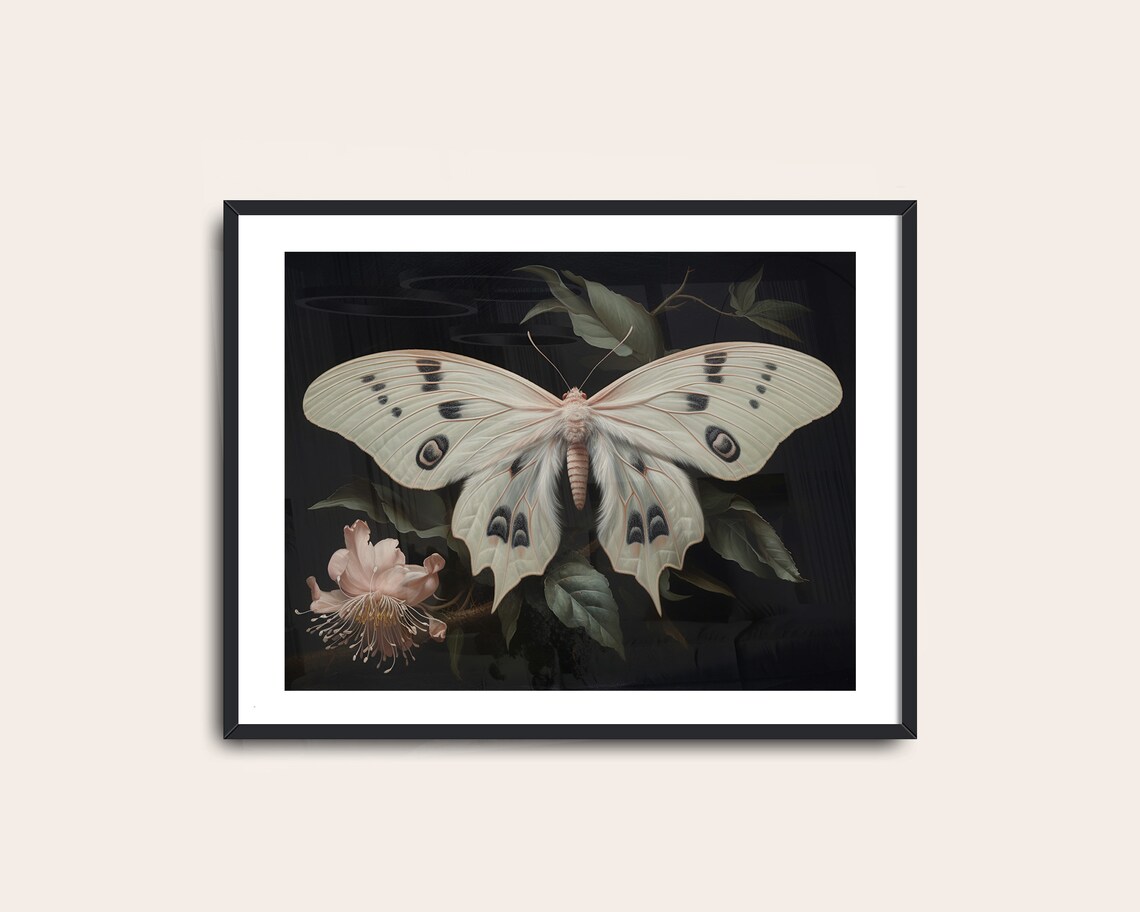 Pale Pink White Moth Vintage Butterfly Art Print - Image 2